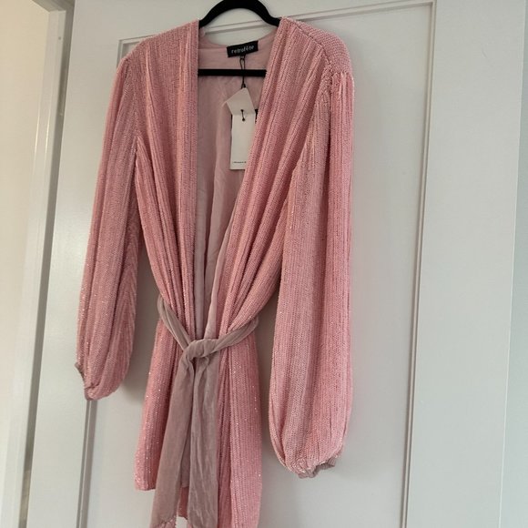 Retrofete Gabrielle Sequin Robe Wrap Mini Dress Sz XS Dusty Rose Blouson Sleeves - Picture 10 of 15